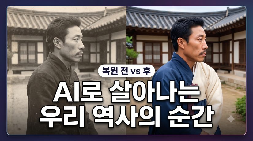 전통 한옥 마당을 배경으로, 안중근 의사의 흑백 원본 사진(왼쪽)과 AI로 자연스럽게 색이 입혀진 복원 사진(오른쪽)이 매끄럽게 반으로 나뉘어 비교되는 고화질 대표 이미지. 이미지 상단에는 큰 글씨로 'AI로 살아나는 우리 역사의 순간'이라는 한글 제목이, 중앙에는 '복원 전 vs 후', 하단에는 '안중근 의사'라는 명확한 한글 라벨이 기재되어 있다. 복원된 우측 사진의 한복과 배경 색감은 역사적 사실에 충실하며 따뜻한 느낌을 준다.