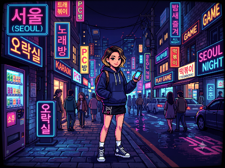 네온사인이 화려하게 빛나는 한국 서울의 밤거리를 배경으로 힙한 스타일의 한국 청년이 서 있는 모습을 완벽한 8비트 레트로 게임 그래픽 스타일로 구현한 픽셀 아트 이미지.