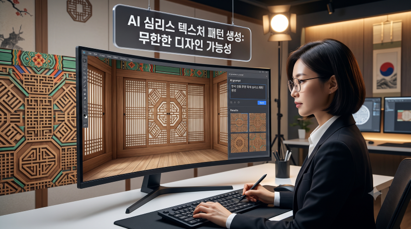 정장을 입고 안경을 쓴 여성 디지털 아티스트가 현대적인 디자인 스튜디오에서 대형 커브드 모니터 앞에 앉아 있다. 그녀는 와콤 스타일러스를 사용하여 AI 기반의 실시간 텍스처 생성 도구를 다루고 있다. 모니터 화면에는 복잡하고 아름다운 한국 전통 격자 문양이 3D로 렌더링된 심리스 텍스처 패턴으로 반복적으로 표시된다. 화면 오른쪽에는 'AI generate' 프롬프트 입력창과 4개의 결과 미리보기 창이 열려 있다. 모니터 위 투명 표지판에는 "AI 심리스 텍스처 패턴 생성: 무한한 디자인 가능성"이라는 한국어 문구가 적혀 있다. 배경 벽과 스튜디오 환경 역시 동일한 전통 패턴으로 장식되어 있으며, 달항아리와 족자 같은 한국적 요소와 현대적인 가구가 공존한다.