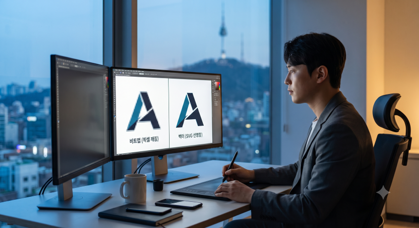 AI로 생성한 픽셀이 깨진 비트맵 로고와 선명한 SVG 벡터 로고를 듀얼 모니터 화면에 대비시켜 작업 중인 한국인 디자이너의 전문적인 업무 현장